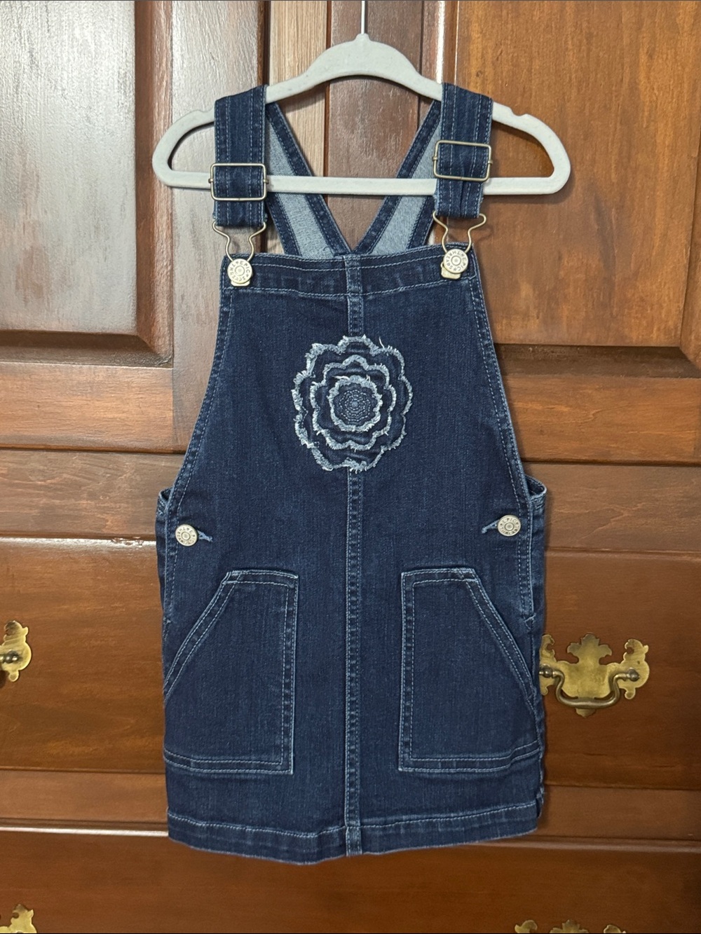 Girls Dark Indigo Denim Overall Dress with Flower Embroidery